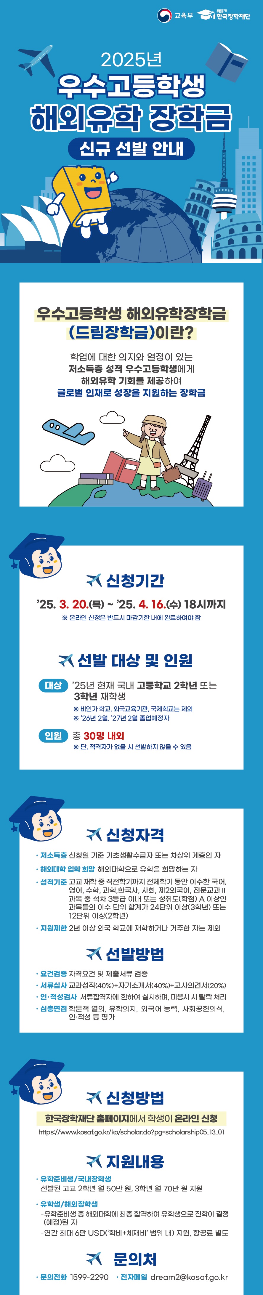 2025년 우수고등학생 해외유학 장학금 신규 선발 안내 우수고등학생 해외유학장학금(드림장학금)이란? 학업에 대한 의지와 열정이 있는 저소득층 성적 우수고등학생에게 해외유학 기회를 제공하여 글로벌 인재로 성장을 지원하는 장학금 신청기간 2025년 3월 20일 목요일부터 4월 16일 수요일 18시까지 온라인 신청은 반드시 마감기한 내에 완료하여야 함 선발 대상 및 인원 2025년 현재 국내 고등학교 2학년 또는 3학년 재학생 대상 교육부 비인가 학교, 외국교육기관, 제주 국제학교는 제외 선발 인원 총 30명 내외 단, 적격자가 없을 시 선발하지 않을 수 있음 신청 자격 신청일 기준 기초생활수급자 또는 차상위 계층인 자 해외대학으로 유학을 희망하는 자 고교 재학 중 직전학기까지 전체학기 동안 이수한 국어, 영어, 수학, 과학,한국사, 사회, 제2외국어, 전문교과Ⅱ 과목 중 석차 3등급 이내 또는 성취도(학점) A 이상인 과목들의 이수 단위 합계가 24단위 이상(3학년) 또는 12단위 이상(2학년) 2년 이상 외국 학교에 재학하거나 거주한 자는 제외 선발 방법 요건검증: 자격요건 및 제출서류 검증 서류심사: 교과성적 40%, 자기소개서 40%, 교사의견서 20% 로 구성 인·적성검사: 서류합격자에 한하여 실시하며, 미응시 시 탈락 처리 심층면접: 학문적 열의, 유학의지, 외국어 능력, 사회공헌의식, 인·적성 등 평가 신청 방법 한국장학재단 홈페이지에서 학생이 온라인 신청 https://www.kosaf.go.kr/ko/scholar.do?pg=scholarship05_13_01 지원 내용 1. 유학준비생/국내장학생 선발된 고교 2학년에게 월 50만 원, 3학년에게 월 70만 원 지원 2. 유학생/해외장학생 유학준비생 중 해외대학에 최종 합격하여 유학생으로 진학이 결정(예정)된 자 학비와 체재비를 포함하여 연간 최대 6만 USD 지원, 항공료 별도 문의처 문의전화: 1599-2290 전자메일: dream2@kosaf.go.kr